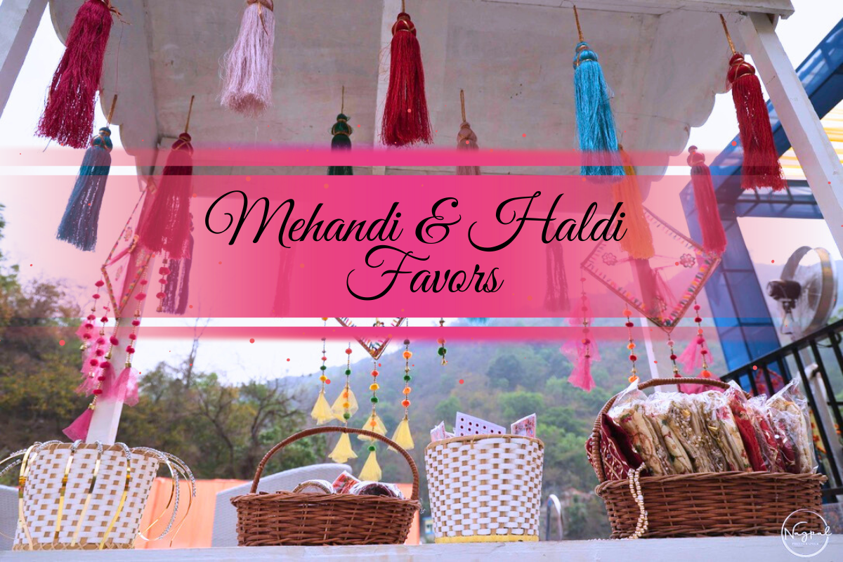 A day scene of white cart adorned in colored fringes with bindi, hairband, bangles, and potli bags on top