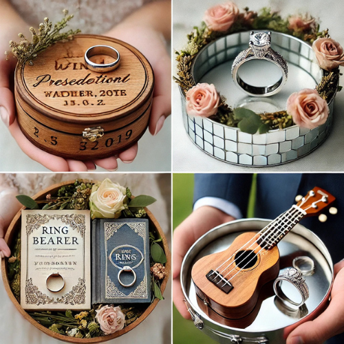 a collage of four different wedding ring presentation ideas. top left a personalized wooden ring box engraved with names and wedding date