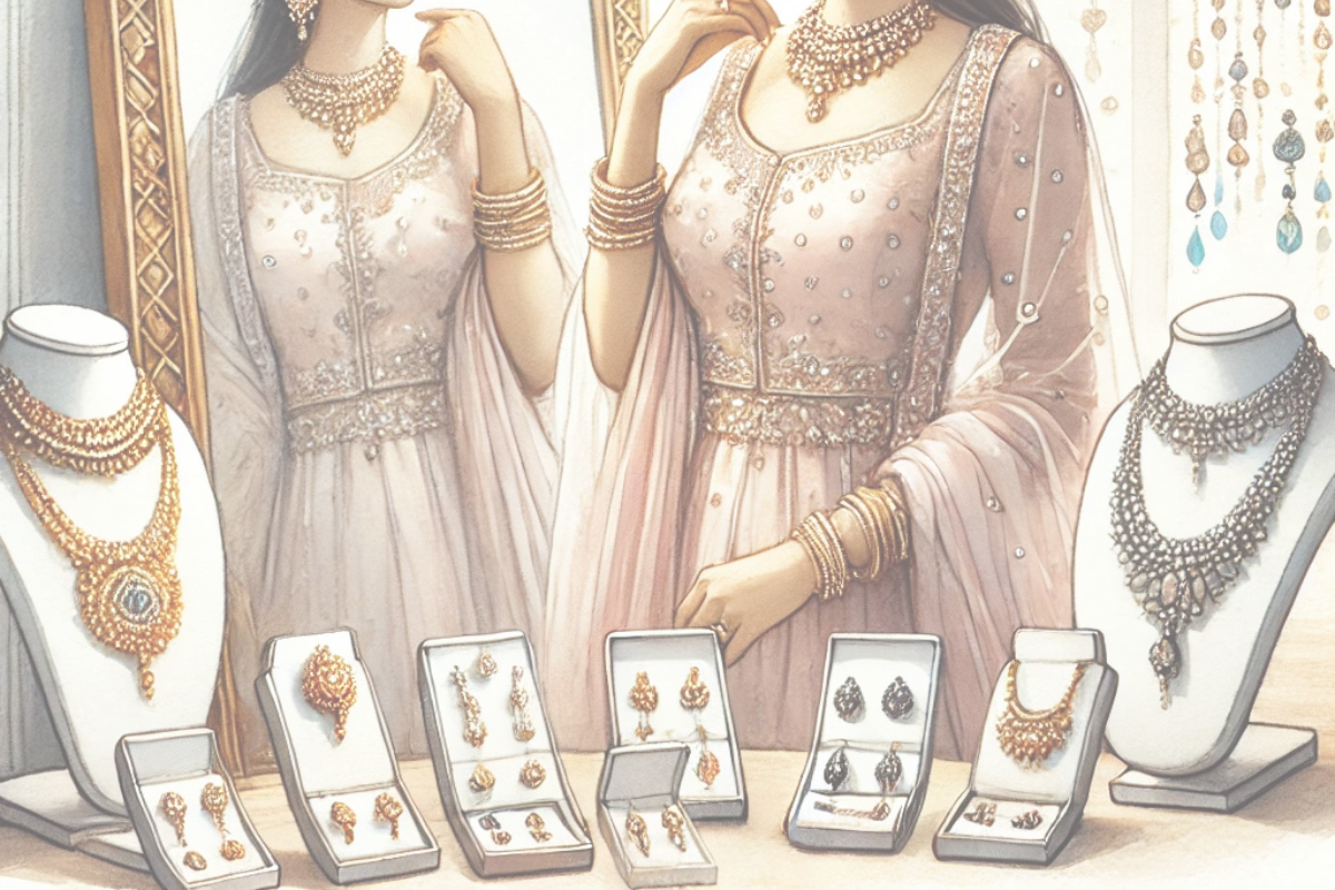 Indian Bride selecting a perfect bridal set, surrounded by jewelry options in front of a mirror, showcasing personalized choices for face shape, neckline, hairstyle, and outfit color.