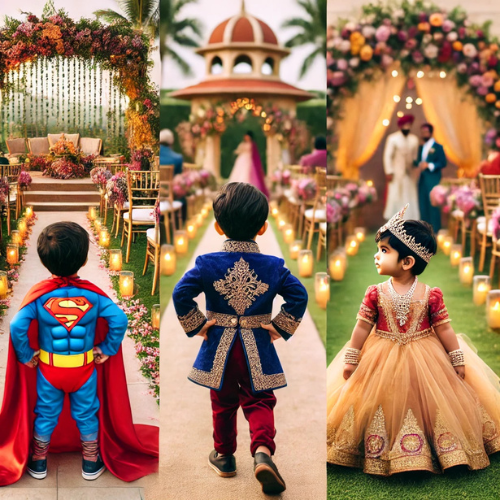 three indian wedding ring bearer ideas superhero cape, fairy tale costume, miniature groom's outfit