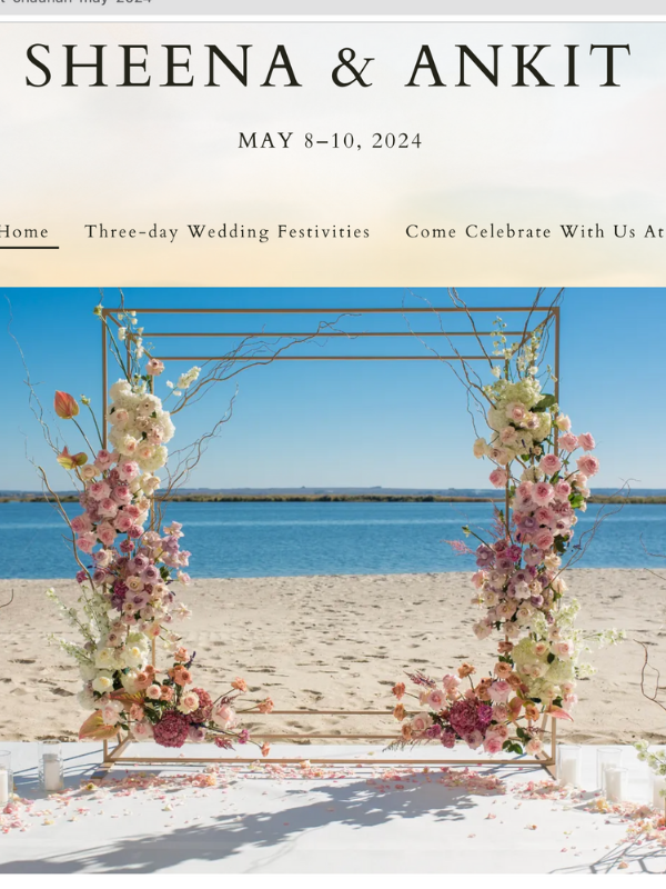 wedding website with river view and a frame of flowers