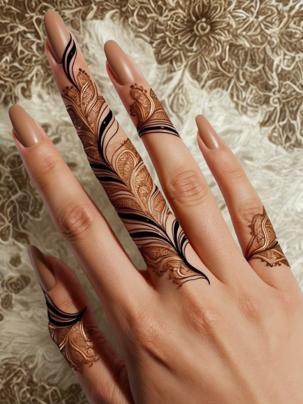 Elegant Mehndi design on the back of the hand featuring a detailed teardrop-shaped floral motif on the center, with intricate netted patterns and floral elements running along each finger