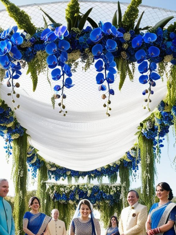 A bridal entry chadar featuring a sheer white net canopy lavishly decorated with clusters and cascading stalks of vibrant blue orchids arranged artistically for a dramatic contrast