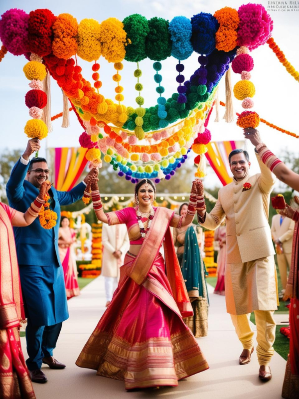 A joyful bridal entry scene featuring a phoolon ki chaadar held by four family members, made with colorful yarn pom-pom garlands in rainbow shades