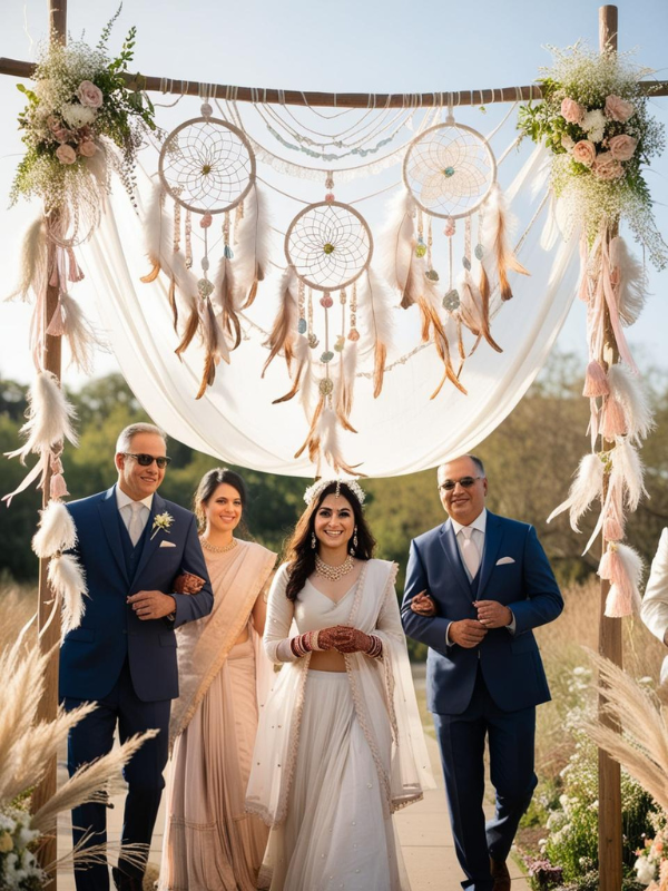 bridal entry featuring a bohemian-style phoolon ki chaadar held above the bride by four family members. The chaadar is beautifully decorated with feathery white and pastel dreamcatchers hanging from the sides, woven with soft yarn, lace, beads, and small floral accents. Intertwined with fresh blooms like baby’s breath, wildflowers, and pampas grass, the setup exudes a relaxed, dreamy boho vibe.