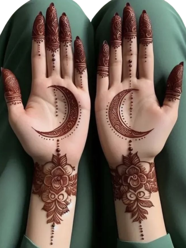 Chand Mehndi design featuring crescent moon patterns with floral and paisley motifs, perfect for festive and bridal occasions