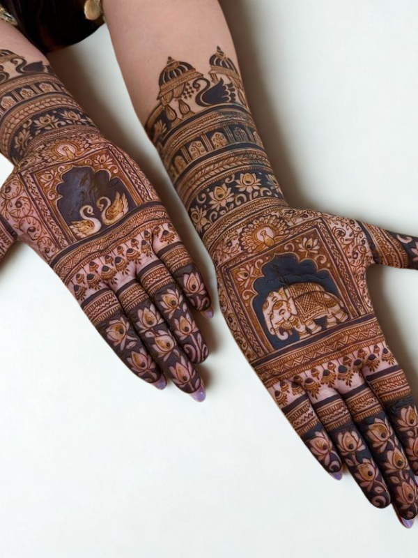Bridal mehndi design with Elephant motifs and wrist band mehndi design with beautiful finger mehndi