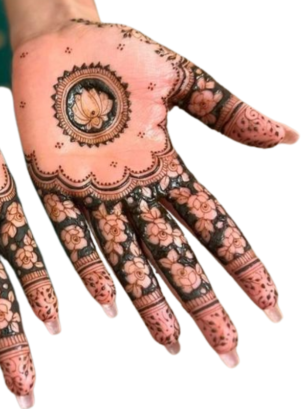 Elegant Mehndi design on the palm featuring a central lotus motif encircled by intricate patterns, with floral net detailing across the fingers and delicate dots and borders enhancing the overall traditional look.