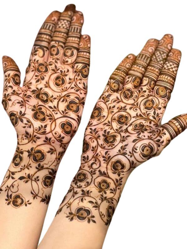 Intricate floral mehndi design covering both hands, featuring bold rose patterns with delicate leafy vines and detailed finger motifs.