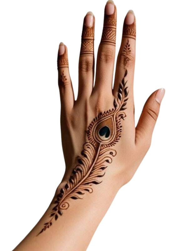 Back of a bride's hand adorned with a minimalist peacock feather Mehndi design, featuring elegant curves and intricate detailing, extending from the wrist to the middle finger