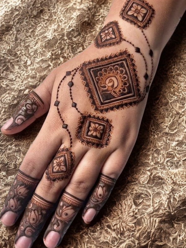 Intricate bridal Mehndi design on the back of the hand featuring a large circular mandala pattern connected to the wrist with dotted chains, and symmetrical scalloped motifs extending over the fingers