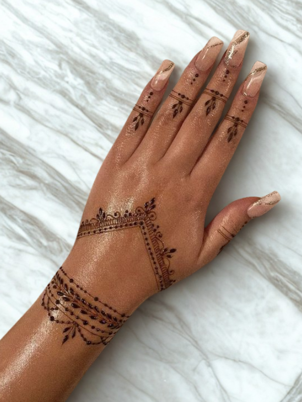 Intricate Mehndi design on the palm featuring a large central mandala with a butterfly motif, surrounded by fine floral and paisley patterns, with additional small butterfly and geometric accents on the fingers and wrist.13