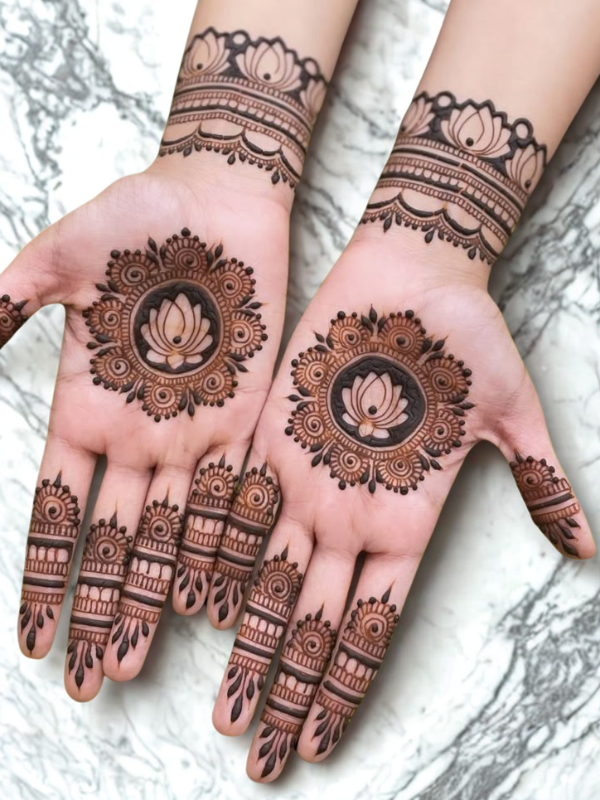 Intricate Mehndi design on the palm featuring a large central mandala with a butterfly motif, surrounded by fine floral and paisley patterns, with additional small butterfly and geometric accents on the fingers and wrist.