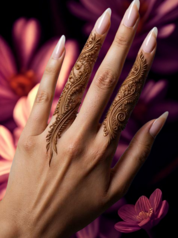 Elegant Mehndi design on the back of the hand featuring a detailed teardrop-shaped floral motif on the center, with intricate netted patterns and floral elements running along each finger