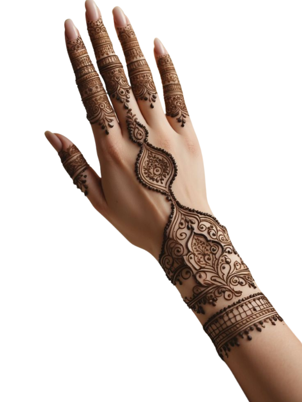 Back of a bride's hand adorned with a minimalist peacock feather Mehndi design, featuring elegant curves and intricate detailing, extending from the wrist to the middle finger
