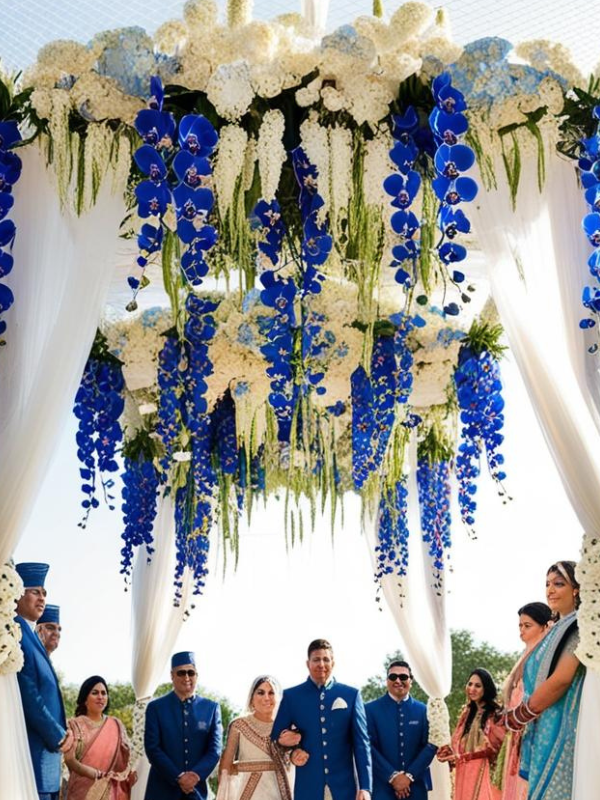 The bride, in a soft ivory or pastel lehenga, walks gracefully beneath this striking floral canopy during an outdoor wedding, with sunlight filtering through the netting and orchids