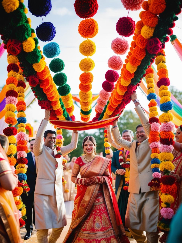 A bridal entry scene featuring a phoolon ki chaadar held by four family members, made with colorful yarn pom-pom garlands in rainbow shades