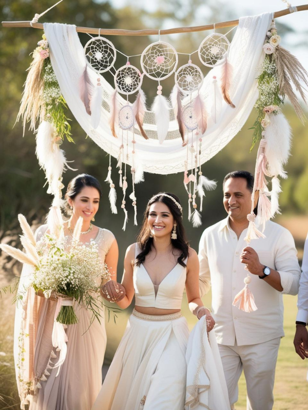 bridal entry featuring a bohemian-style phoolon ki chaadar held above the bride by four family members. The chaadar is beautifully decorated with feathery white and pastel dreamcatchers hanging from the sides, woven with soft yarn, lace, beads, and small floral accents. Intertwined with fresh blooms like baby’s breath, wildflowers, and pampas grass, the setup exudes a relaxed, dreamy boho vibe.