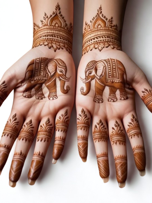 Bridal mehndi design with Elephant motifs and wrist band mehndi design with beautiful finger mehndi