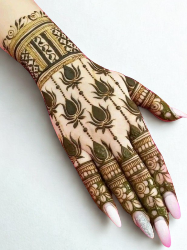 Intricate lotus mehndi design featuring floral patterns and traditional detailing on the palm and fingers.
