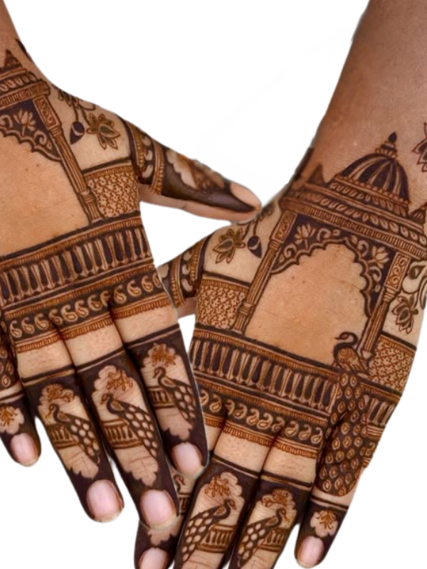 Traditional Indian Mehndi design on both palms showcasing intricate architectural motifs resembling royal palace arches and domes, complemented by detailed peacock patterns on the fingers, with floral and geometric elements throughout.