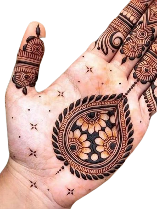 Intricate floral mehndi design covering both hands, featuring bold rose patterns with delicate leafy vines and detailed finger motifs.