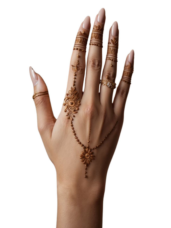 Back of a bride's hand adorned with a minimalist peacock feather Mehndi design, featuring elegant curves and intricate detailing, extending from the wrist to the middle finger