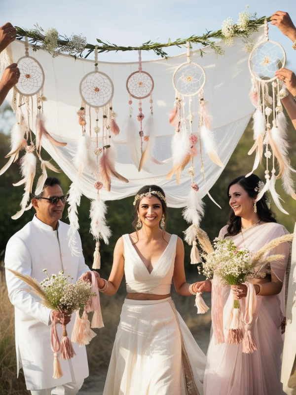 bridal entry featuring a bohemian-style phoolon ki chaadar held above the bride by four family members. The chaadar is beautifully decorated with feathery white and pastel dreamcatchers hanging from the sides, woven with soft yarn, lace, beads, and small floral accents. Intertwined with fresh blooms like baby’s breath, wildflowers, and pampas grass, the setup exudes a relaxed, dreamy boho vibe.