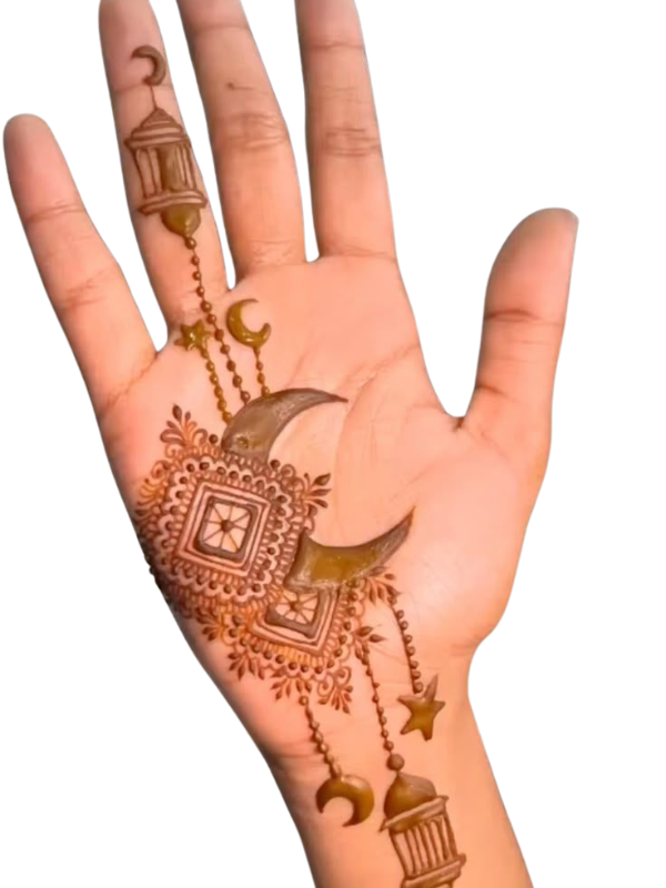 Chand Mehndi design featuring crescent moon patterns with floral and paisley motifs, perfect for festive and bridal occasions