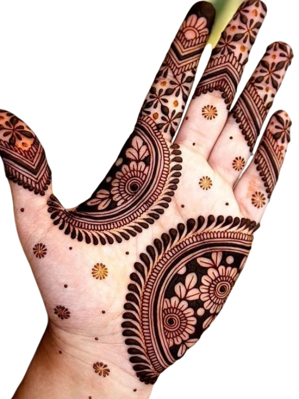 Intricate floral mehndi design covering both hands, featuring bold rose patterns with delicate leafy vines and detailed finger motifs.