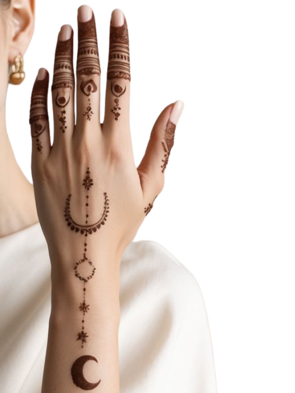 Back of a bride's hand adorned with a minimalist peacock feather Mehndi design, featuring elegant curves and intricate detailing, extending from the wrist to the middle finger