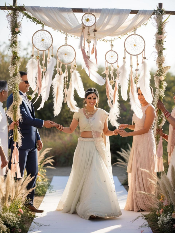 bridal entry featuring a bohemian-style phoolon ki chaadar held above the bride by four family members. The chaadar is beautifully decorated with feathery white and pastel dreamcatchers hanging from the sides, woven with soft yarn, lace, beads, and small floral accents. Intertwined with fresh blooms like baby’s breath, wildflowers, and pampas grass, the setup exudes a relaxed, dreamy boho vibe.