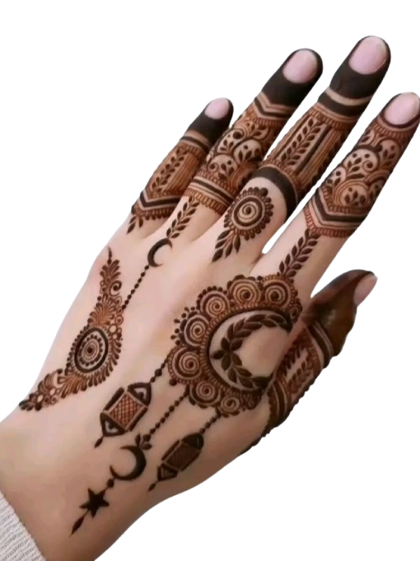 Chand Mehndi design featuring crescent moon patterns with floral and paisley motifs, perfect for festive and bridal occasions