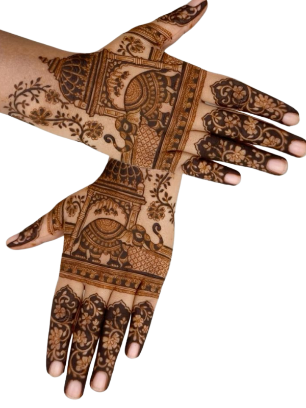 Bridal mehndi design with Elephant motifs and wrist band mehndi design with beautiful finger mehndi