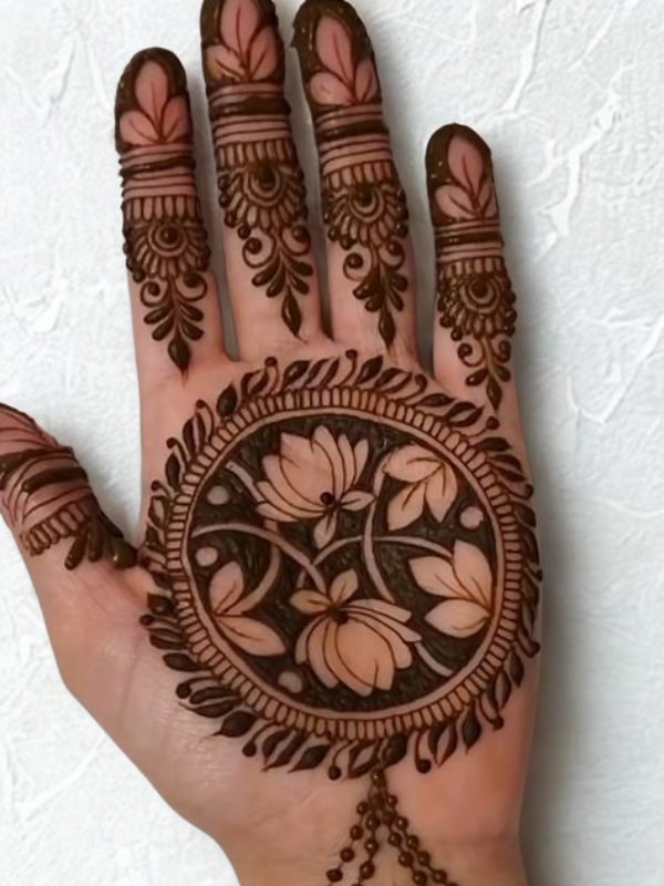 Intricate lotus mehndi design featuring floral patterns and traditional detailing on the palm and fingers.