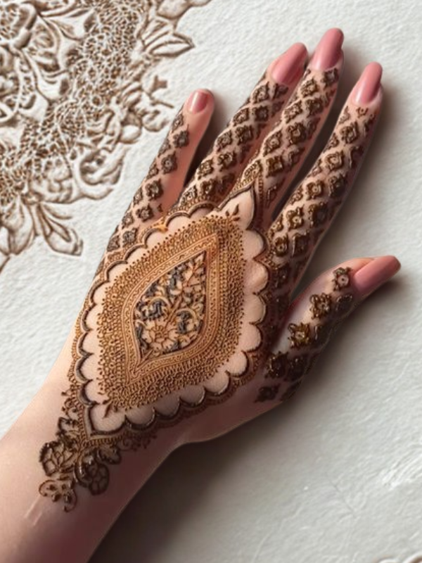 4Intricate Mehndi design on the palm featuring a large central mandala with a butterfly motif, surrounded by fine floral and paisley patterns, with additional small butterfly and geometric accents on the fingers and wrist.