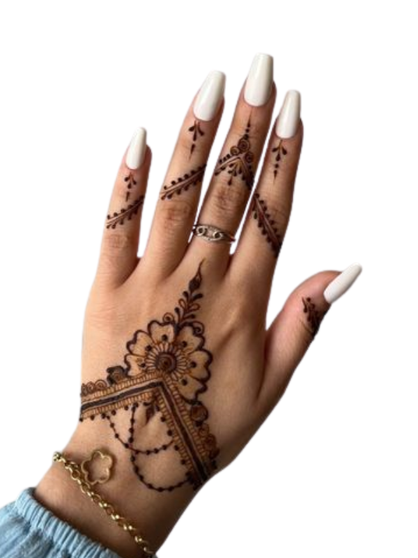 Back of a bride's hand adorned with a minimalist peacock feather Mehndi design, featuring elegant curves and intricate detailing, extending from the wrist to the middle finger