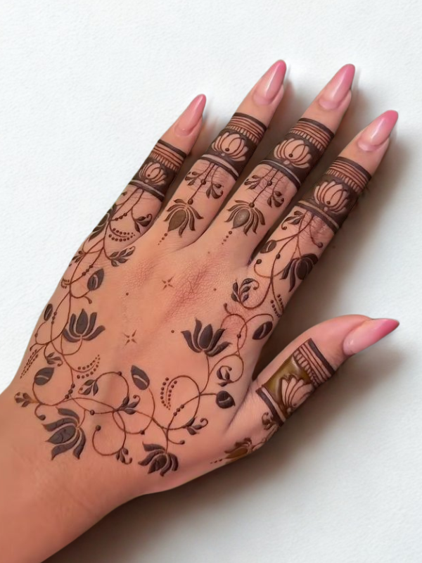 Intricate Mehndi design on the palm featuring a large central mandala with a butterfly motif, surrounded by fine floral and paisley patterns, with additional small butterfly and geometric accents on the fingers and wrist.