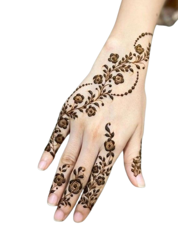 Back of a bride's hand adorned with a minimalist peacock feather Mehndi design, featuring elegant curves and intricate detailing, extending from the wrist to the middle finger
