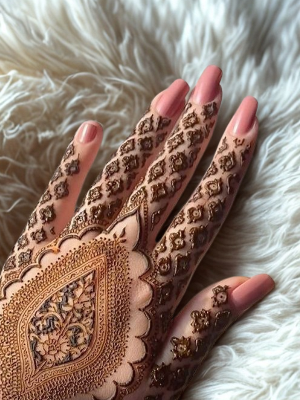 Elegant Mehndi design on the back of the hand featuring a detailed teardrop-shaped floral motif on the center, with intricate netted patterns and floral elements running along each finger