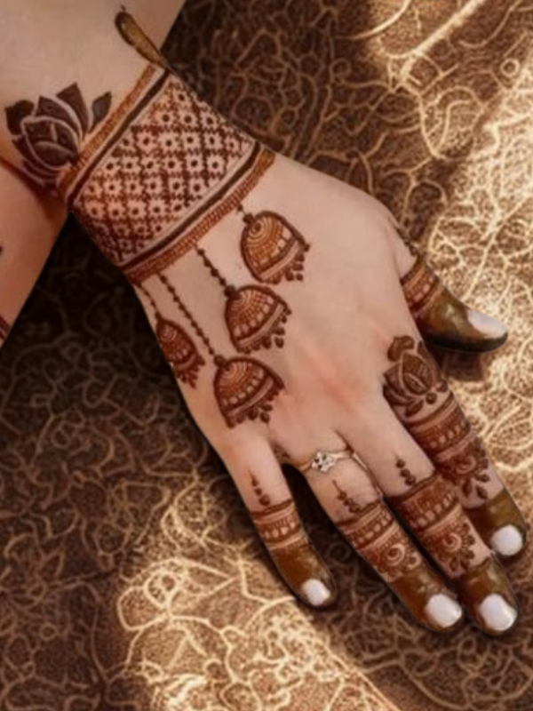 Intricate bridal Mehndi design on the back of the hand featuring a large circular mandala pattern connected to the wrist with dotted chains, and symmetrical scalloped motifs extending over the fingers