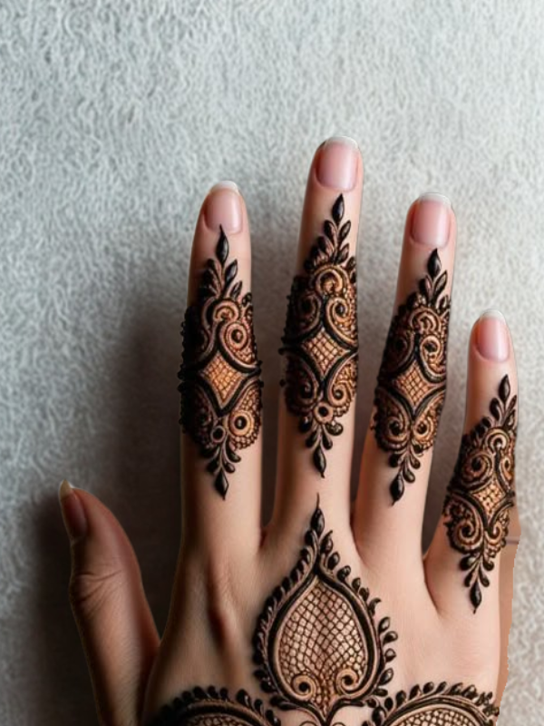 Elegant Mehndi design on the back of the hand featuring a detailed teardrop-shaped floral motif on the center, with intricate netted patterns and floral elements running along each finger