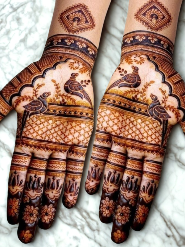 Bridal hands adorned with intricate Kalash-themed Mehndi design featuring traditional pot motifs, floral patterns, and detailed linework on the palms and fingers