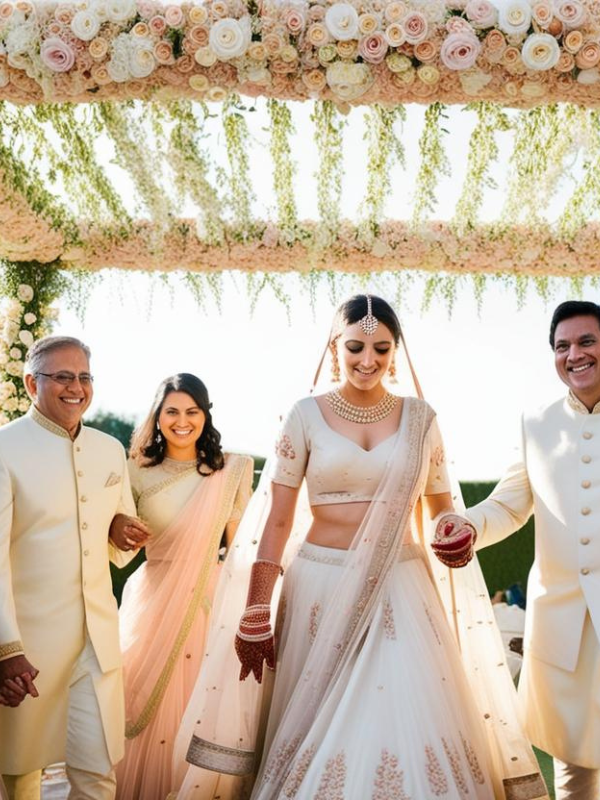 a bride in an ivory or champagne colored lehenga walking beneath a phoolon ki chadar made of soft pink and white roses