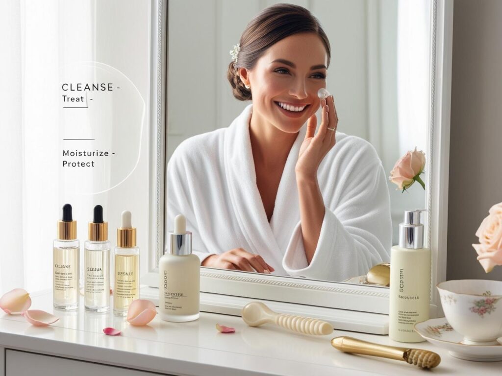 A glowing bride-to-be in a white robe sitting at a vanity table, applying a serum or moisturiser while smiling at her reflection. The table features organized skincare products_ cleanser bottles, serum droppers, moisturiser jars, SPF, and a.jpg
