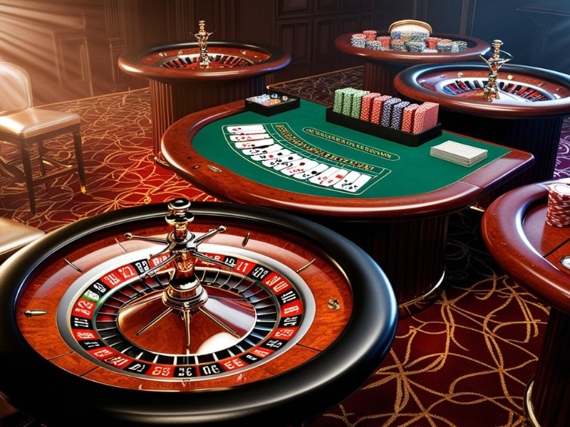 a highly detailed 3d render of a casino party setup, featuring a gleaming roulette table, a blackjack table with cards fanned out, and a poker table with chips neatly stacked