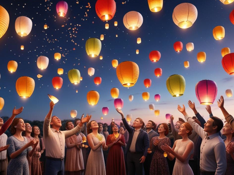 a highly detailed 3d render of a diverse group of guests releasing colorful paper lanterns into a twilight sky, symbolizing hopes and blessings