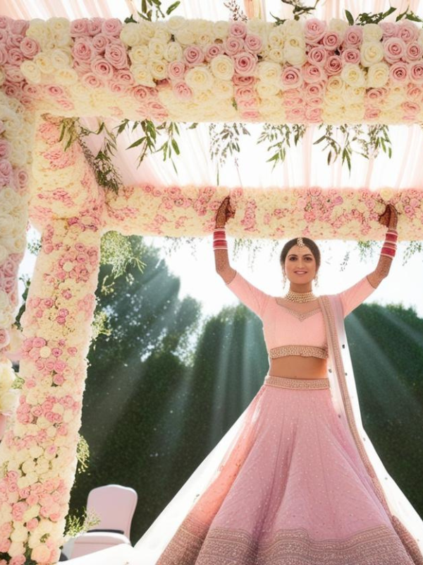 a pastel bridal entry chadar made of soft pink and white roses, held above a bride dressed in a matching pastel pink lehenga