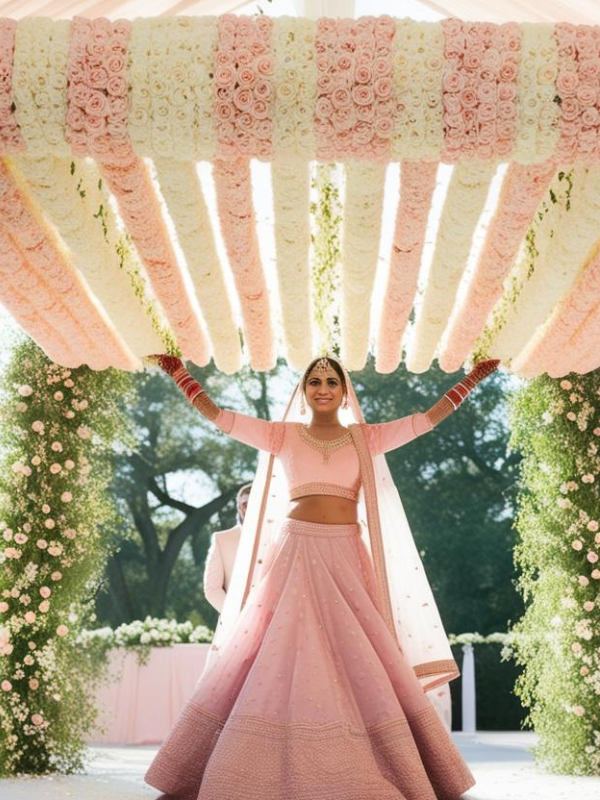 a pastel bridal entry chadar made of soft pink and white roses, held above a bride dressed in a matching pastel pink lehenga