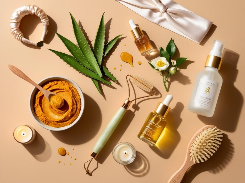 A serene and softly lit flat lay of pre-bridal skincare essentials on a white or beige background. Include natural skincare items like a bowl of turmeric-besan paste, a wooden spoon with honey, rosewater spray, aloe vera leaves, a jade rol.jpg